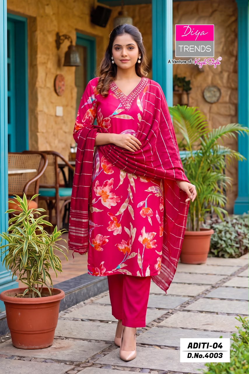 Aditi Vol 4 Diya Trends Rayon Readymade Pant Style Suits Wholesaler Ahmedabad
