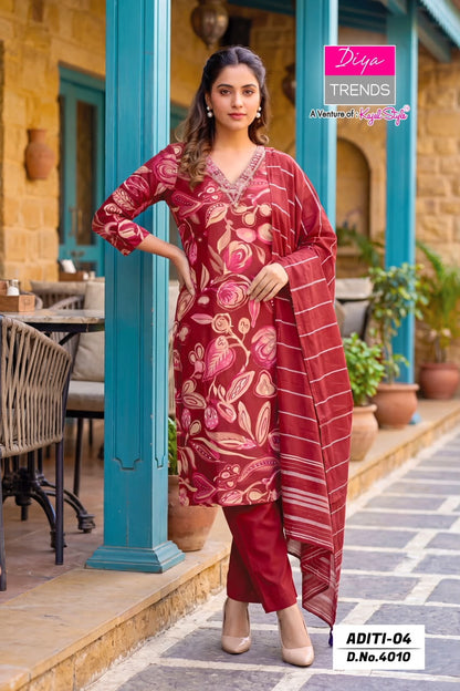 Aditi Vol 4 Diya Trends Rayon Readymade Pant Style Suits Wholesaler Ahmedabad