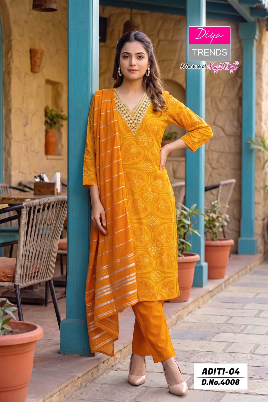 Aditi Vol 4 Diya Trends Rayon Readymade Pant Style Suits Wholesaler Ahmedabad