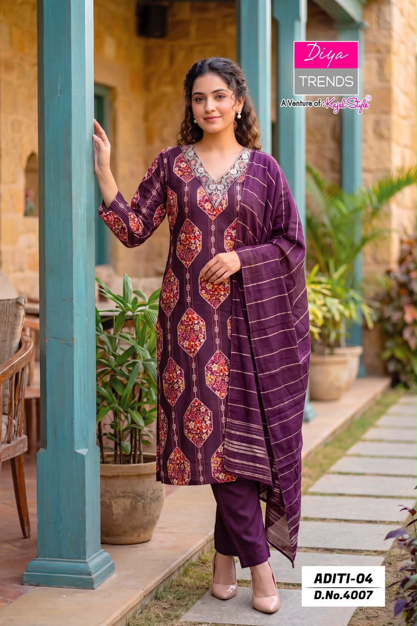 Aditi Vol 4 Diya Trends Rayon Readymade Pant Style Suits Wholesaler Ahmedabad