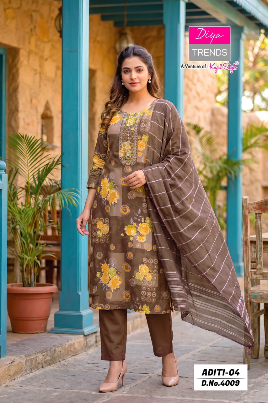 Aditi Vol 4 Diya Trends Rayon Readymade Pant Style Suits Wholesaler Ahmedabad