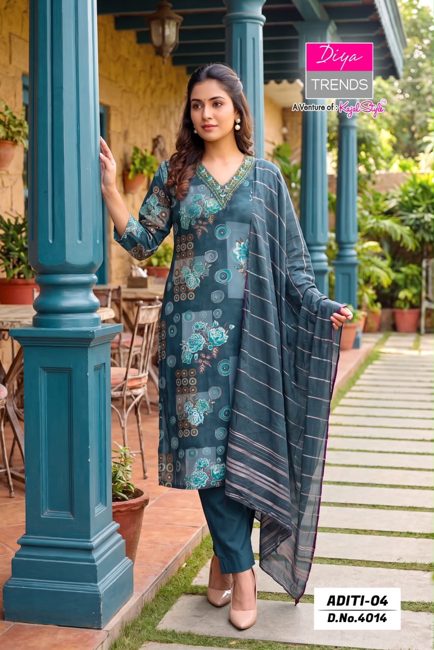 Aditi Vol 4 Diya Trends Rayon Readymade Pant Style Suits Wholesaler Ahmedabad