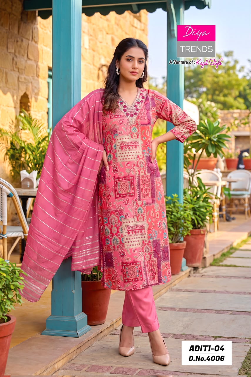 Aditi Vol 4 Diya Trends Rayon Readymade Pant Style Suits Wholesaler Ahmedabad
