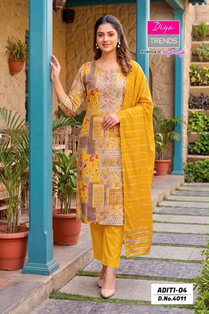 Aditi Vol 4 Diya Trends Rayon Readymade Pant Style Suits Wholesaler Ahmedabad