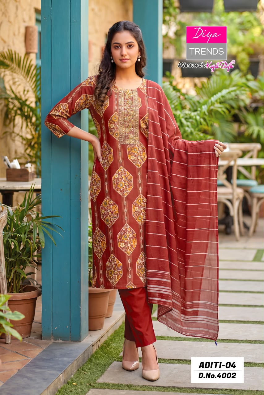 Aditi Vol 4 Diya Trends Rayon Readymade Pant Style Suits Wholesaler Ahmedabad