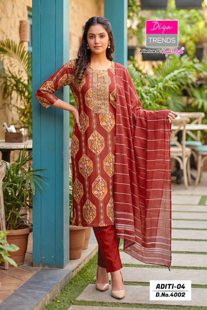Aditi Vol 4 Diya Trends Rayon Readymade Pant Style Suits Wholesaler Ahmedabad
