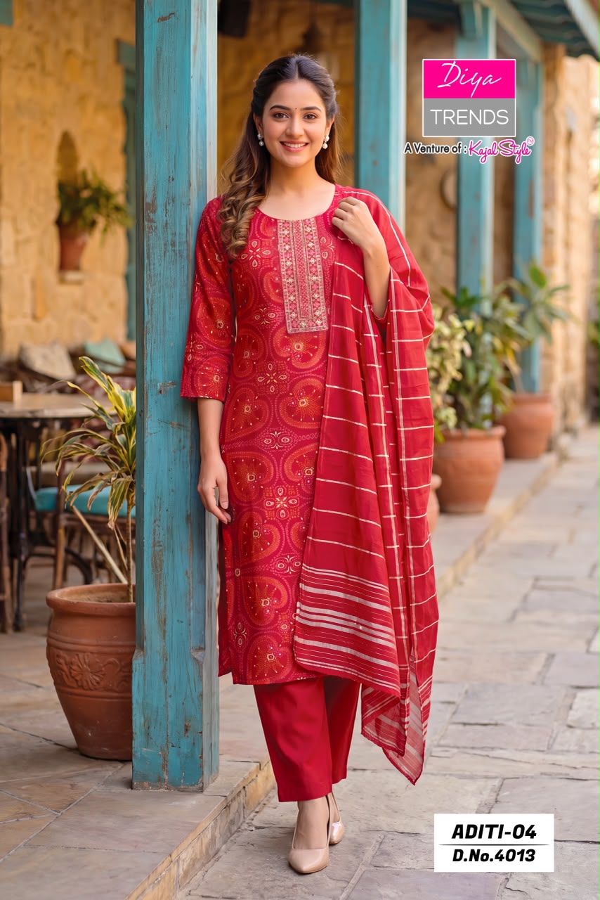 Aditi Vol 4 Diya Trends Rayon Readymade Pant Style Suits Wholesaler Ahmedabad