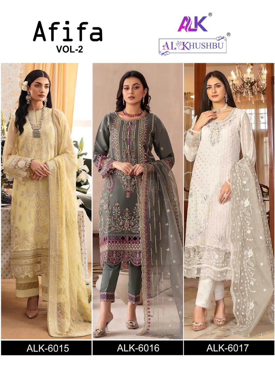 Afifa Vol 2 6015-6017 Alk Georgette Pakistani Salwar Suits Exporter Ahmedabad