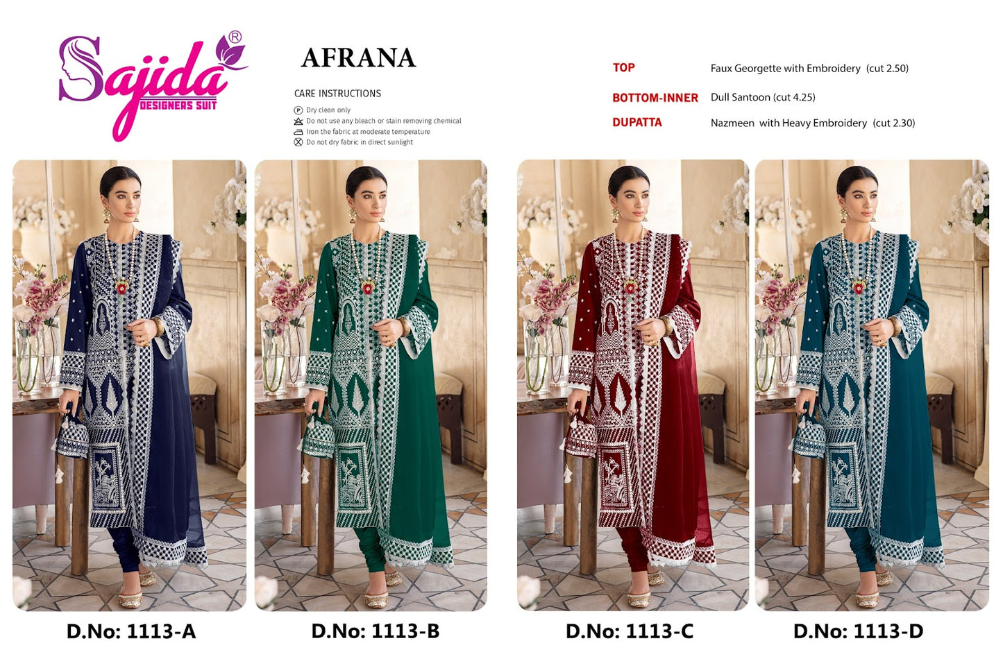 Afrana 1113 Sajida Georgette Pakistani Salwar Suits Supplier Ahmedabad