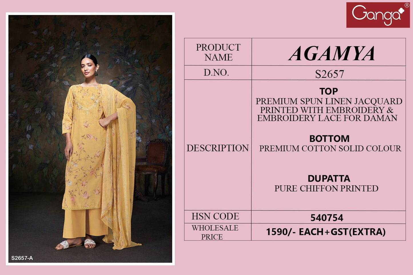 Agamya 2657 Ganga Linen Jacquard Plazzo Style Suits Wholesaler