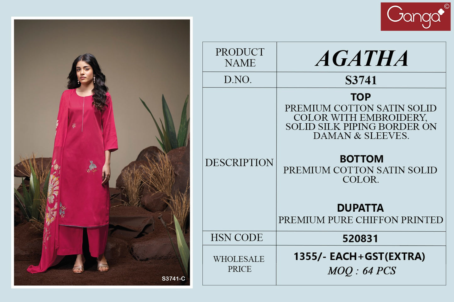 Agatha 3741 Ganga Premium Cotton Plazzo Style Suits Supplier