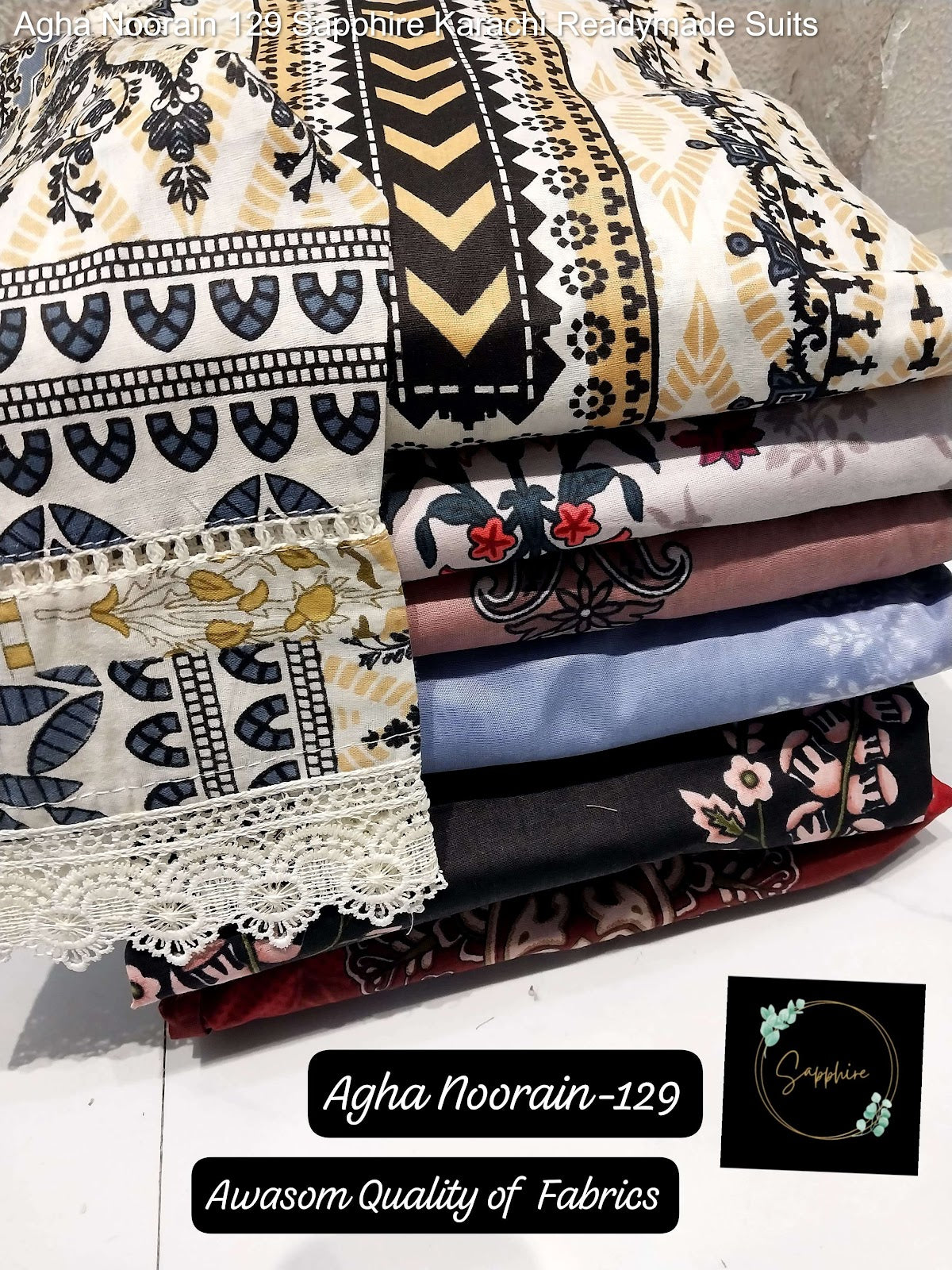 Agha Noorain 129 Sapphire Lawn Karachi Readymade Suits Manufacturer Ahmedabad