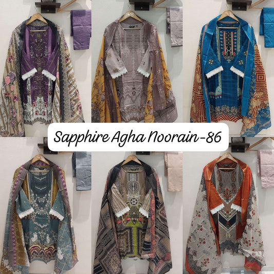 Agha Noorain 86 Sapphire Lawn Cotton Pakistani Readymade Suits Manufacturer India