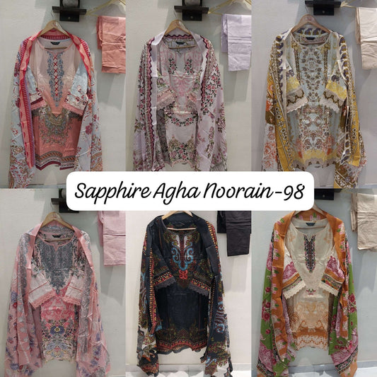 Agha Noorain 98 Sapphire Pure Lawn Karachi Readymade Suits Manufacturer India
