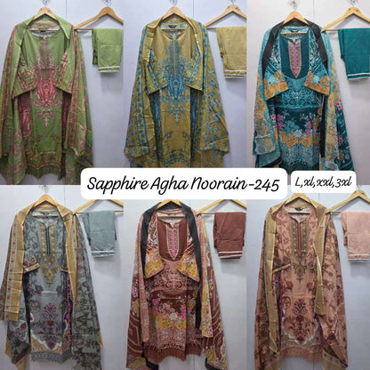Agha Noorain N 245 Sapphire Pure Lawn Karachi Readymade Suits Manufacturer Ahmedabad