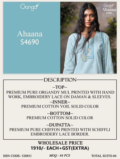 Ahaana 4690 Ganga Organdy Plazzo Style Suits Manufacturer India