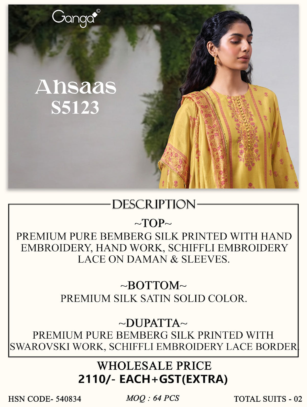 Ahsaas S5123 Ganga Bemberg Silk Plazzo Style Suits Supplier