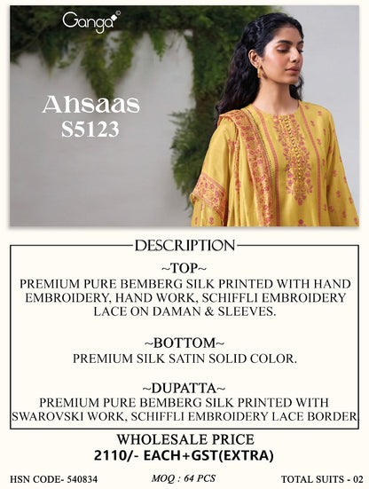 Ahsaas S5123 Ganga Bemberg Silk Plazzo Style Suits Supplier