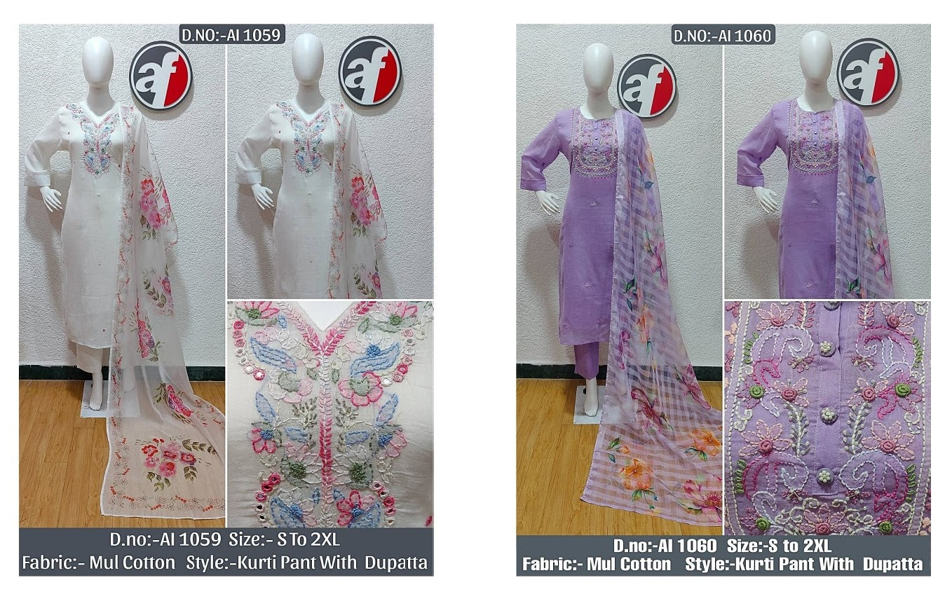 Ai 1059-1060 Af Mul Cotton Readymade Pant Style Suits Wholesaler Gujarat