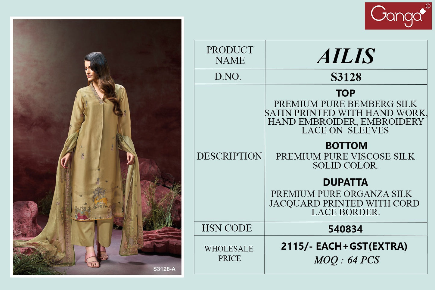 Ailis 3128 Ganga Silk Satin Plazzo Style Suits Manufacturer India