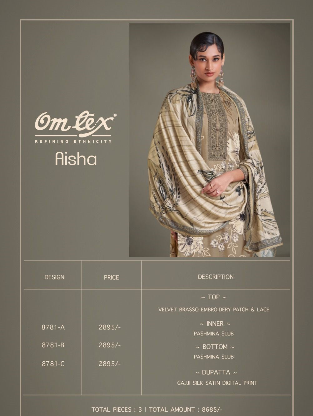 Aisha Omtex Brasso Pashmina Suits Manufacturer India