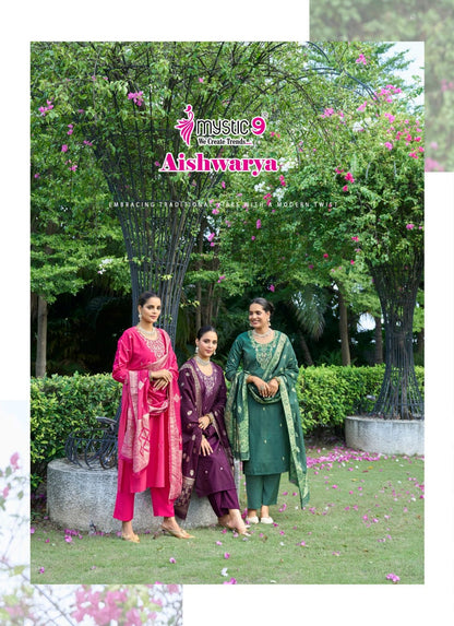 Aishwariya Vol 1 Mystic 9 Roman Silk Readymade Pant Style Suits Wholesaler