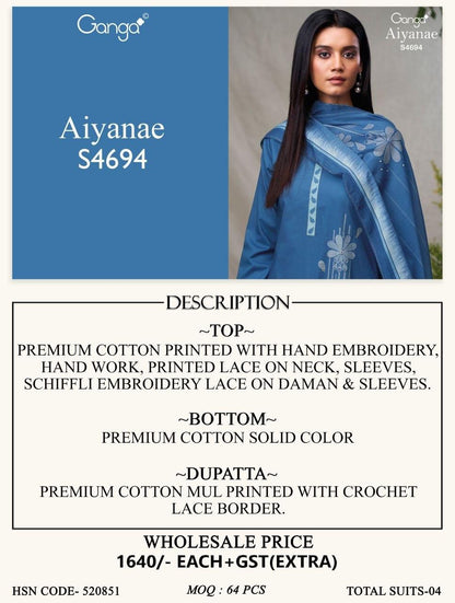 Aiyanae S4694 Ganga Cotton Pant Style Suits Wholesaler Gujarat