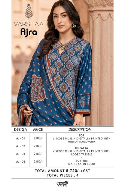 Ajra Varshaa Viscose Muslin Pant Style Suits Wholesaler India