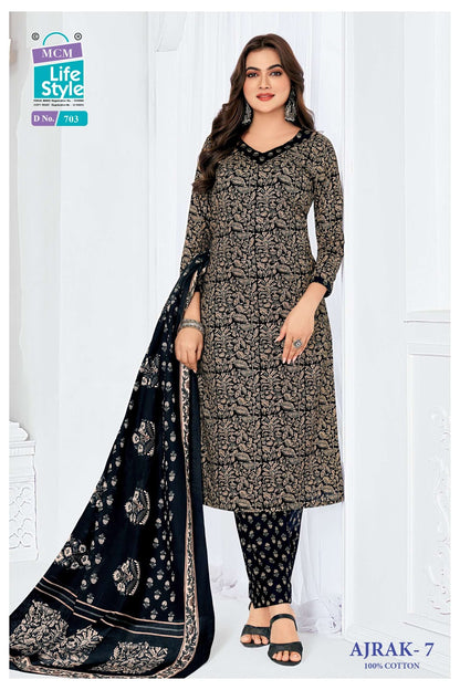 Ajrak Vol 7 Mcm Lifestyle Readymade Cotton Pant Suits Wholesaler Ahmedabad