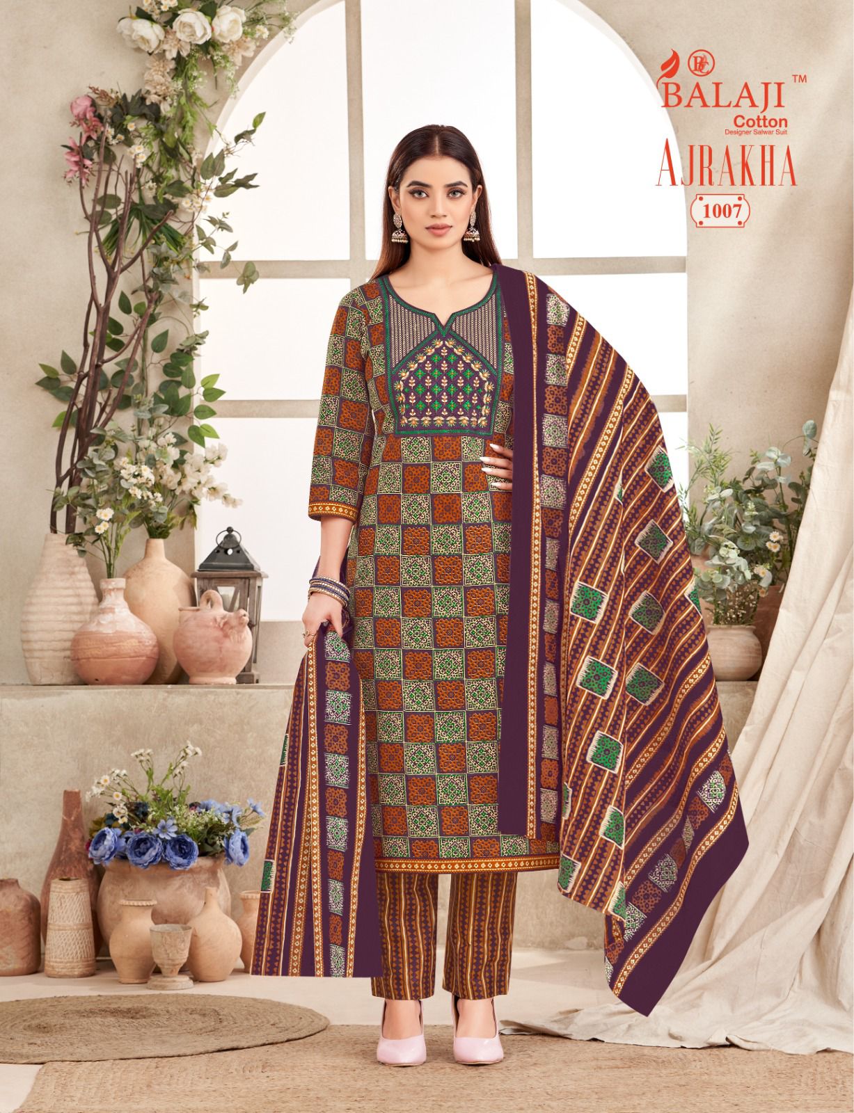 Ajrakha Balaji Cotton Readymade Pant Style Suits Wholesale Price