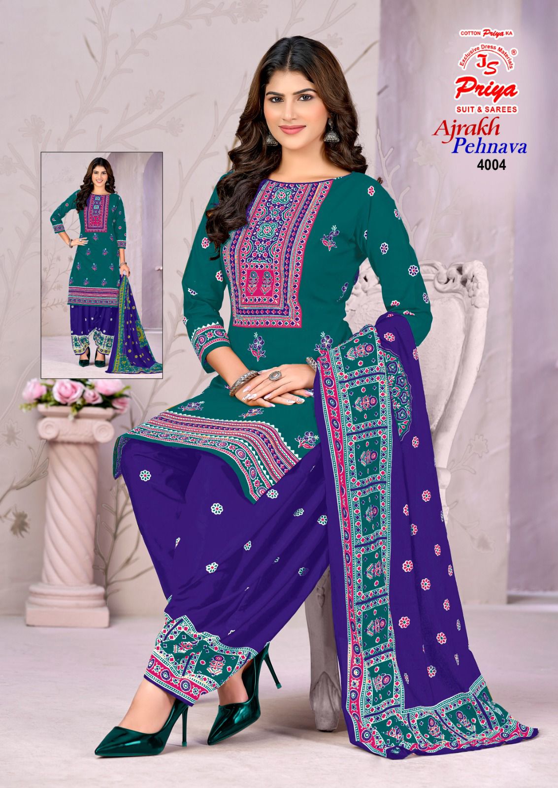 Ajrakh Pehnava Vol 4 Js Priya Mix Cotton Patiyala Style Suits Exporter Ahmedabad