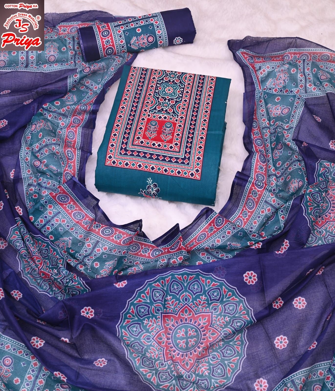 Ajrakh Pehnava Vol 4 Js Priya Mix Cotton Patiyala Style Suits Exporter Ahmedabad