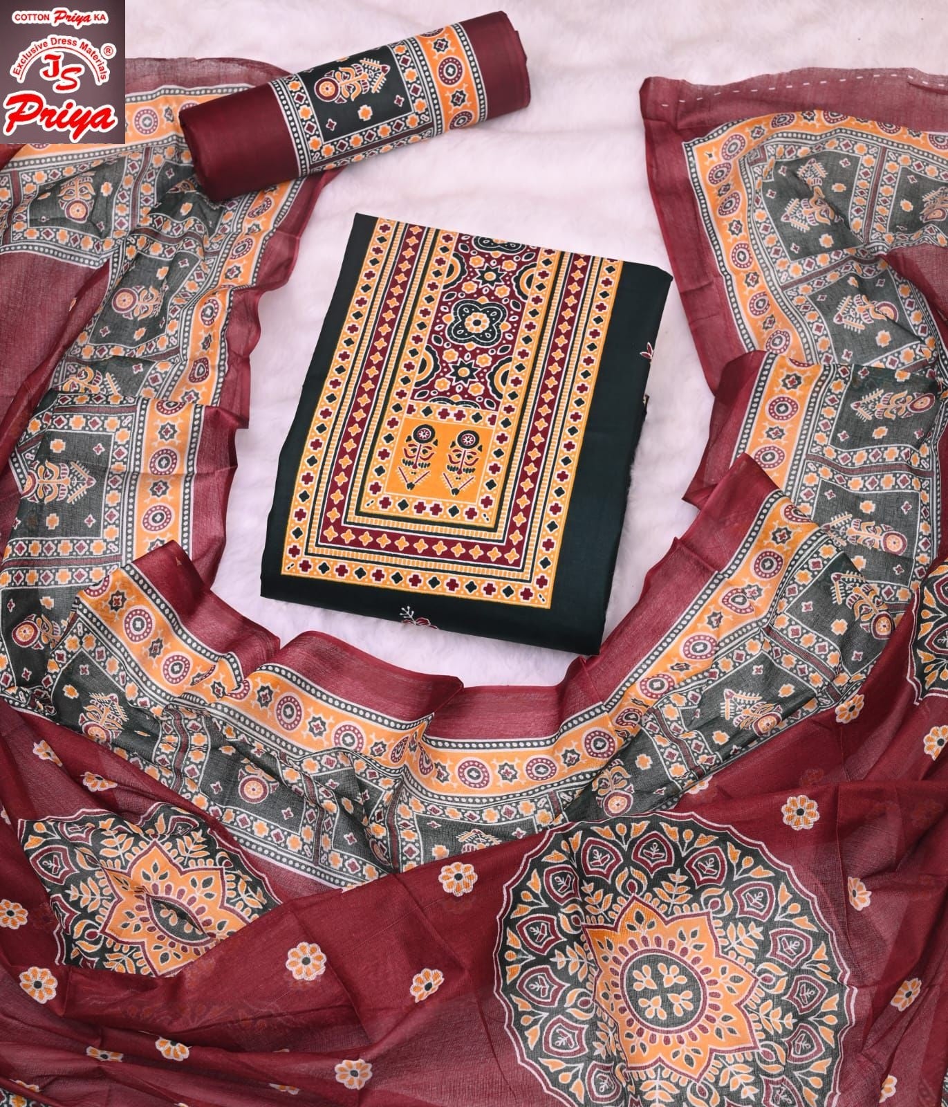 Ajrakh Pehnava Vol 4 Js Priya Mix Cotton Patiyala Style Suits Exporter Ahmedabad