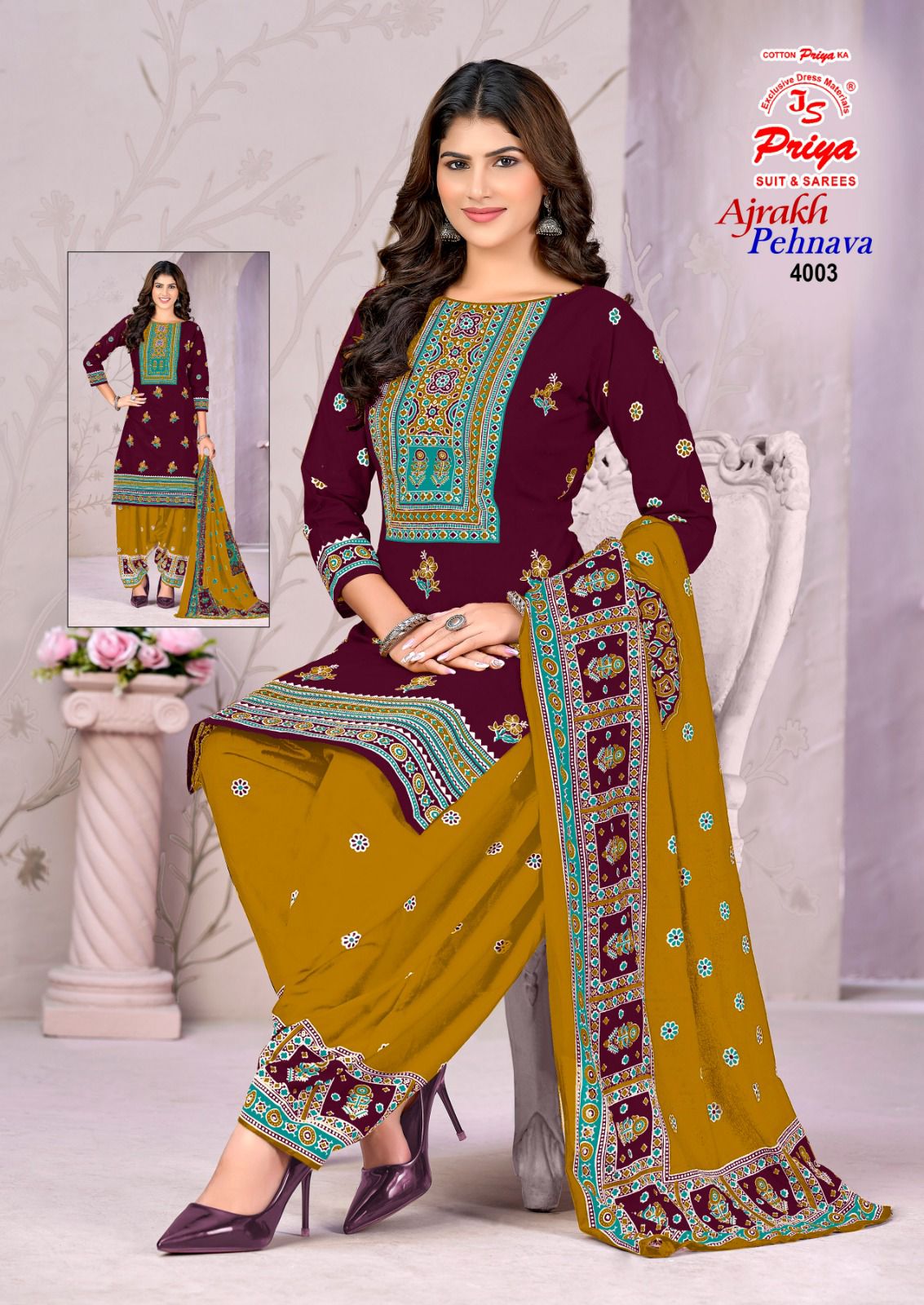Ajrakh Pehnava Vol 4 Js Priya Mix Cotton Patiyala Style Suits Exporter Ahmedabad