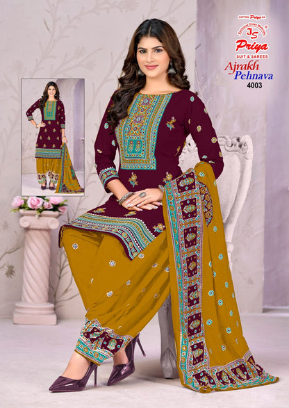 Ajrakh Pehnava Vol 4 Js Priya Mix Cotton Patiyala Style Suits Exporter Ahmedabad