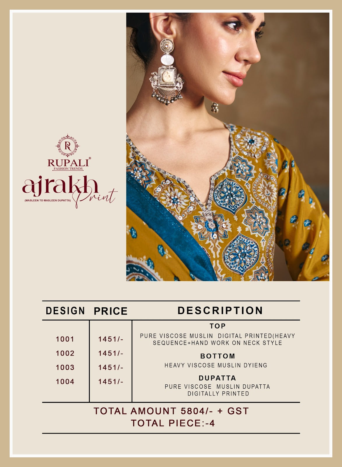 Ajrakh Print Rupali Viscose Muslin Pant Style Suits Wholesaler