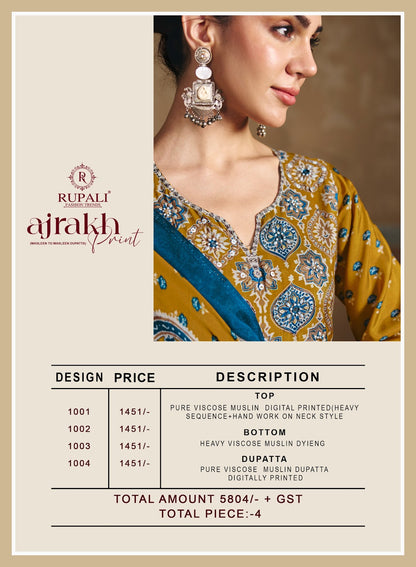 Ajrakh Print Rupali Viscose Muslin Pant Style Suits Wholesaler