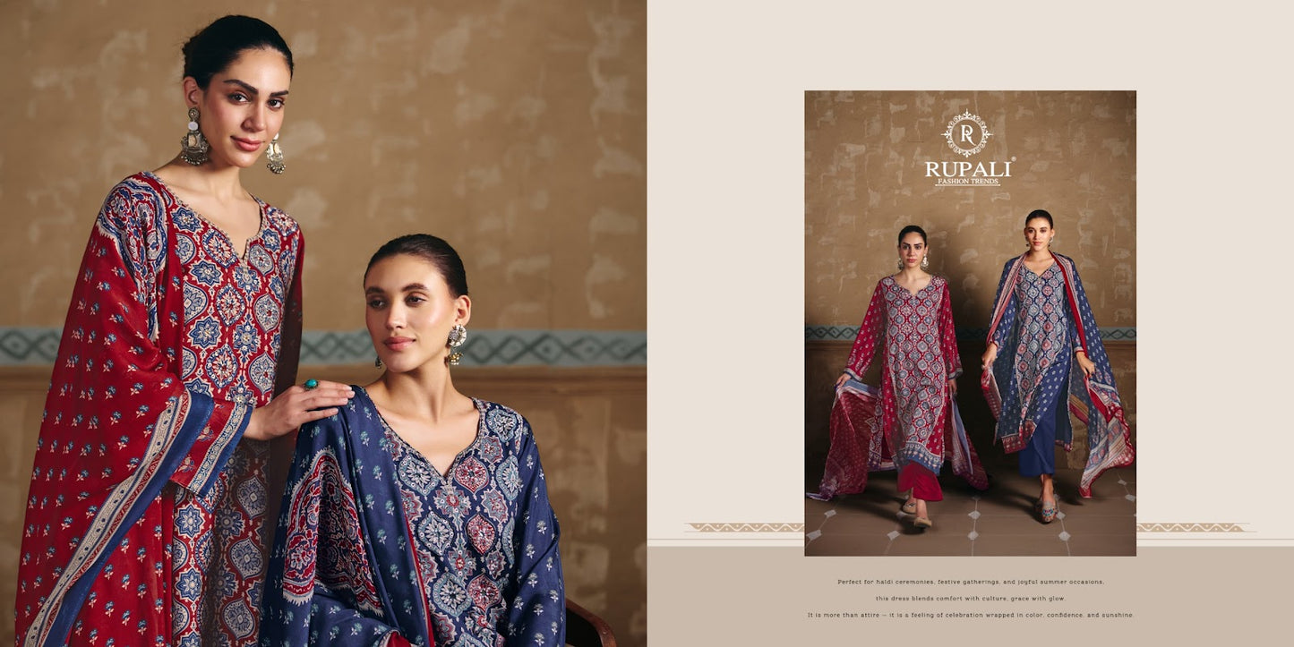 Ajrakh Print Rupali Viscose Muslin Pant Style Suits Wholesaler