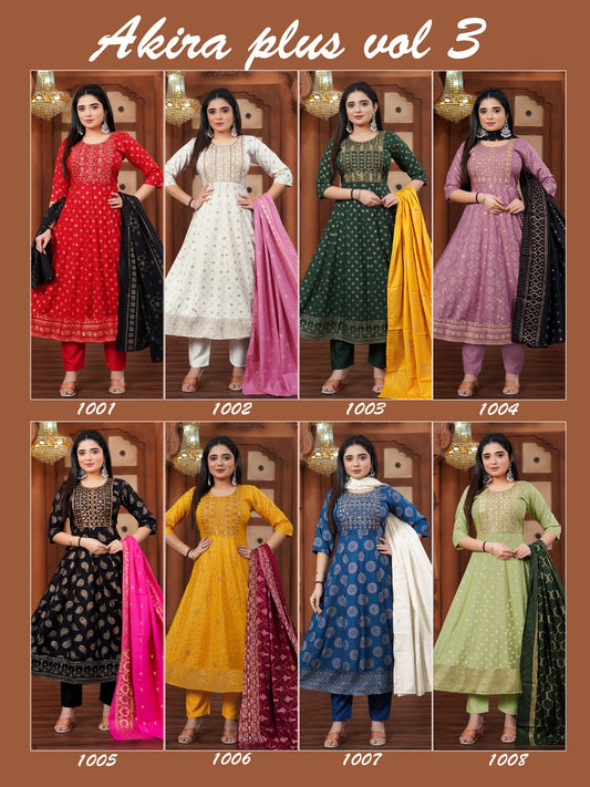 Akira Plus Vol 3 Kt Rayon 14Kg Readymade Anarkali Suits Wholesaler Ahmedabad