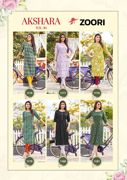 Akshara Vol 30 Zoori Rayon Long Straight Kurti Wholesaler India