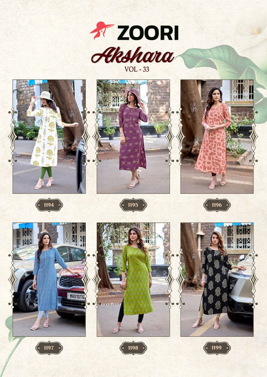 Akshara Vol 33 Zoori Rayon Long Straight Kurti Exporter Gujarat
