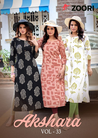 Akshara Vol 33 Zoori Rayon Long Straight Kurti Exporter Gujarat