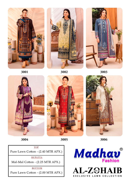 Al-Zohaib Vol 3 Madhav Fashion Lawn Cotton Karachi Salwar Suits Supplier India