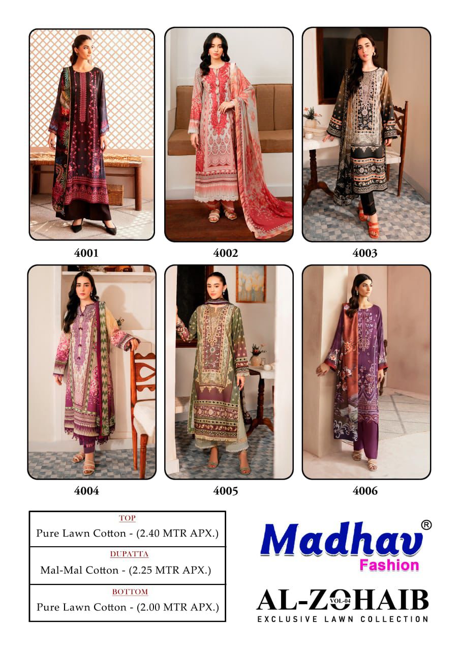 Al Zohaib Vol 4 Madhav Fashion Lawn Cotton Karachi Salwar Suits Manufacturer Gujarat