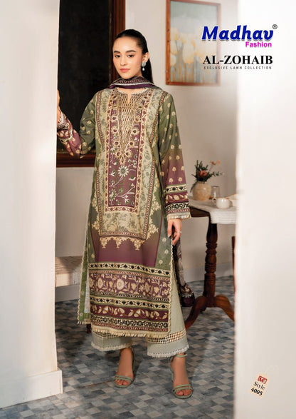 Al Zohaib Vol 4 Madhav Fashion Lawn Cotton Karachi Salwar Suits Manufacturer Gujarat