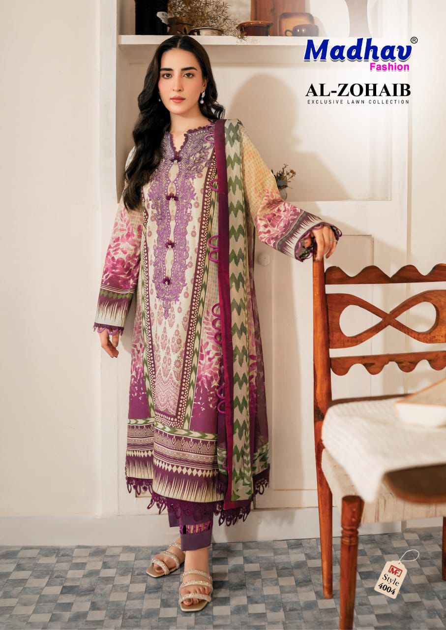 Al Zohaib Vol 4 Madhav Fashion Lawn Cotton Karachi Salwar Suits Manufacturer Gujarat