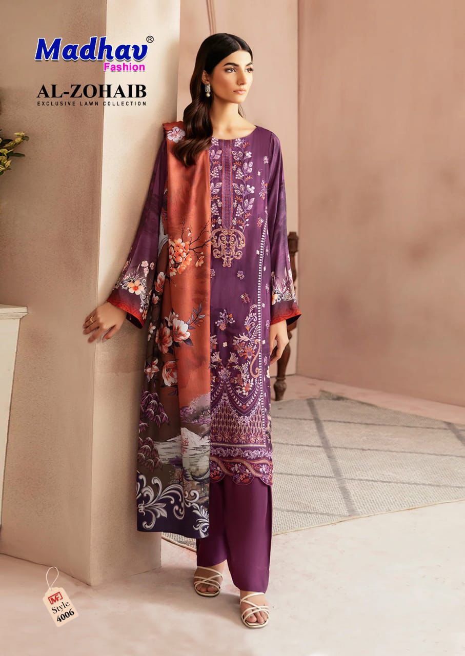 Al Zohaib Vol 4 Madhav Fashion Lawn Cotton Karachi Salwar Suits Manufacturer Gujarat