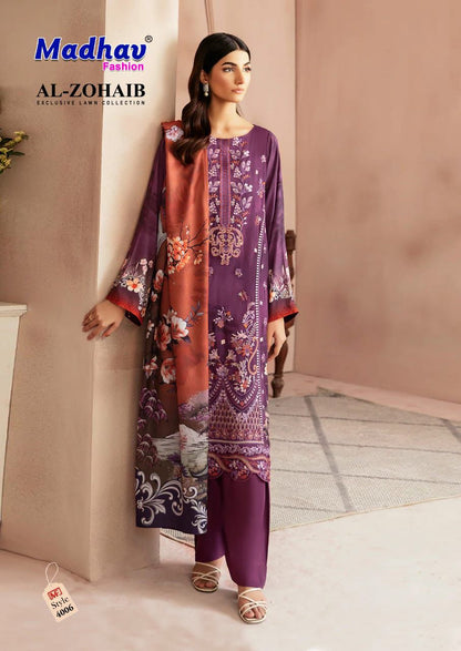 Al Zohaib Vol 4 Madhav Fashion Lawn Cotton Karachi Salwar Suits Manufacturer Gujarat