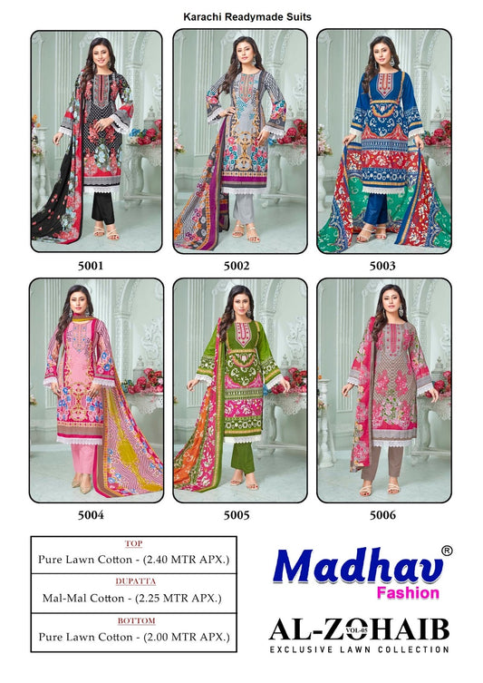 Al Zohaib Vol 5 Madhav Fashion Lawn Cotton Karachi Readymade Suits Supplier India