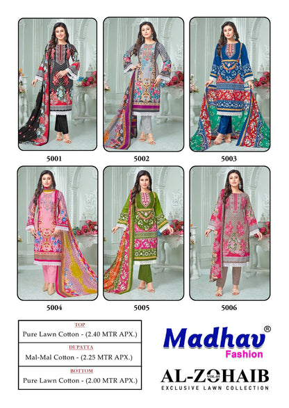 Al Zohaib Vol 5 Madhav Fashion Pure Lawn Karachi Salwar Suits Supplier